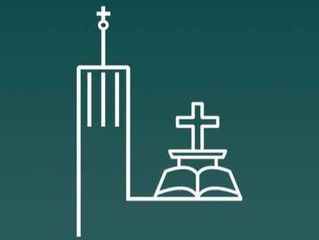 Symbolische Darstellung einer Kirche mit Kreuz und Bibel.