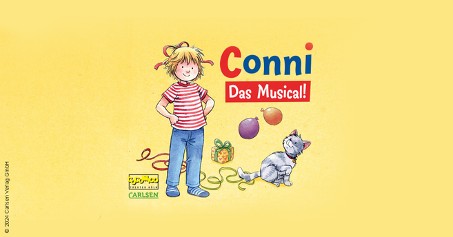 Illustration von Conni mit Katze, Luftballons und Geschenk auf gelbem Hintergrund. Text: Conni - Das Musical.