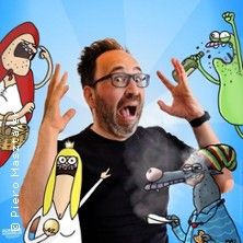 Ein Mann mit Brille und Bart hält seine Hände überrascht an den Kopf, umgeben von bunten Cartoon-Figuren auf blauem Hintergrund.