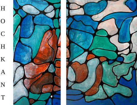 Abstrakte Farbfeldmalerei auf Druck: Blüte, Gestalten und Brillengläser können erkannt werden. Orange, blau, türkis, rosa.