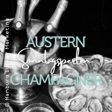 Ein Bild mit Austern und Champagnerflaschen, darüber der Text 'Austern Sonntagsperlen Champagner'.