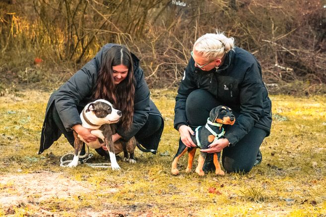 Zwei Personen hocken auf einer Wiese. Eine hält einen Hund an Brust fest, die andere einen Stoffhund.