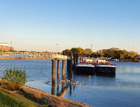 Flusslandschaft mit Anlegestelle und Frachtschiffen bei Sonnenuntergang.