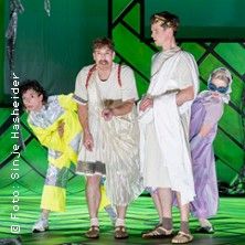 Vier Personen in bunten Kostümen auf einer Bühne mit grünem Hintergrund.