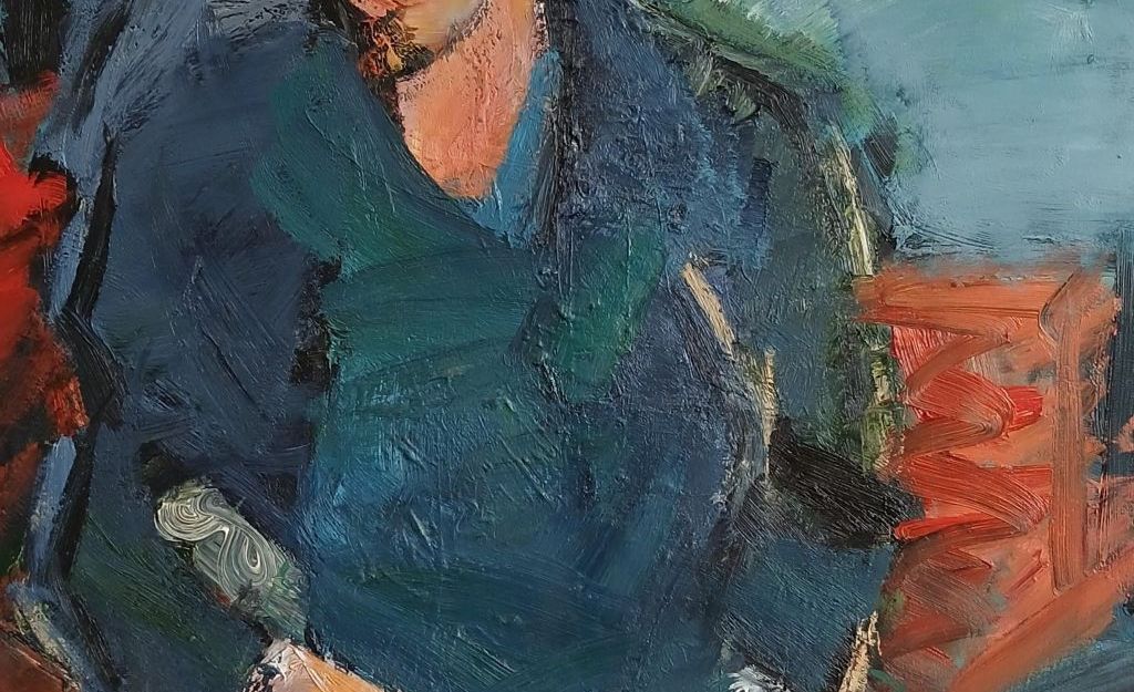 Abstraktes Gemälde einer Person in blauen und orangen Tönen.