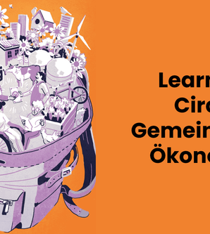 Illustration eines Rucksacks mit Menschen, Windrädern und Pflanzen, die Gemeinschaft und Nachhaltigkeit symbolisieren.