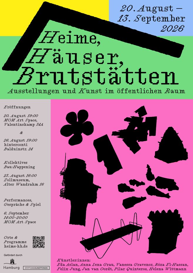 Ausstellungsplakat in leuchtenden Farben. In Schwarz sind die Umrisse verschiedener architektonischer Elemente und Skulpturen zu erkennen: Wasserspeier, ein Turm, eine Blume und eine Kub-Form.