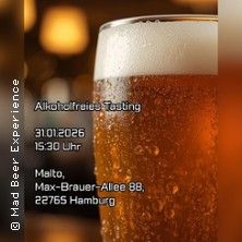 Ein Glas Bier mit Schaumkrone, daneben Textinformationen zu einem alkoholfreien Biertasting-Event in Hamburg.