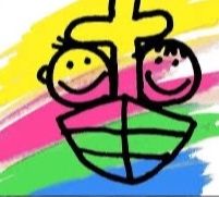 Buntes Logo mit zwei lächelnden Gesichtern, einem Kreuz und einem Regenbogen.