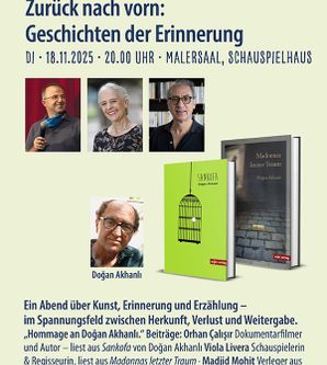 Plakat für eine Veranstaltung mit dem Titel 'Zurück nach vorn: Geschichten der Erinnerung' am 18.11.2025 im Malersaal, SchauSpielHaus.