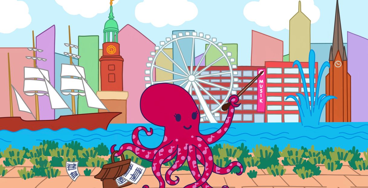 Krake mit Taktstock ud Noten vor Hamburg-Kulisse