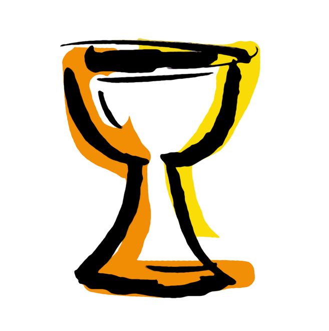 Abstrakte Darstellung eines Kelchs in Schwarz, Orange und Gelb.