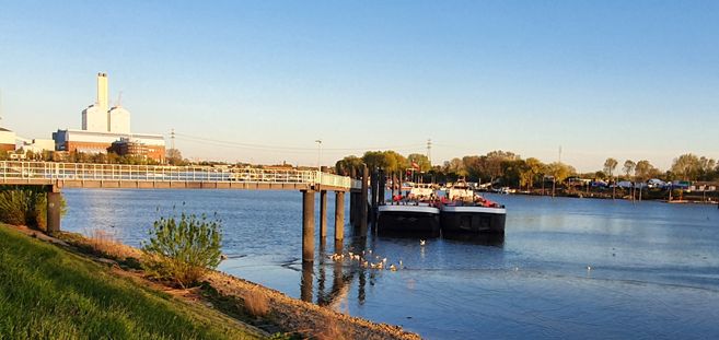 Flusslandschaft mit Anlegestelle und Frachtschiffen bei Sonnenuntergang.