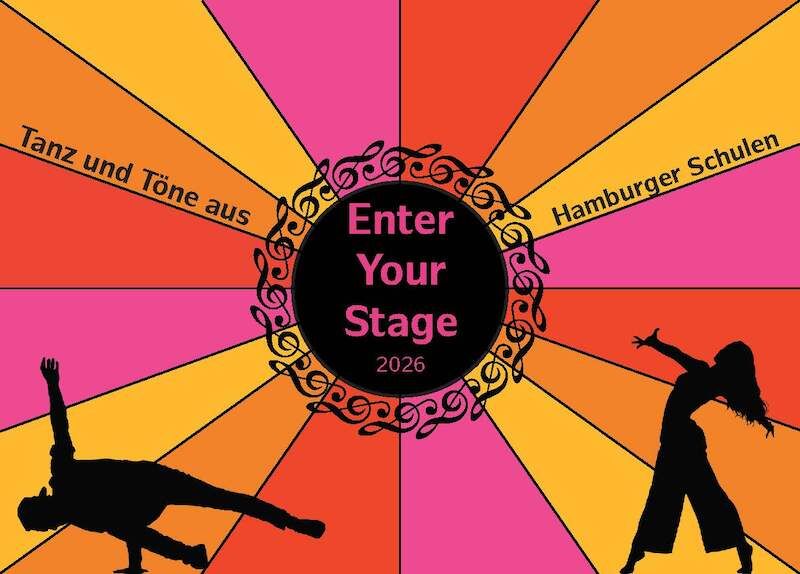 Poster mit dem Titel 'Enter Your Stage 2026', zeigt Silhouetten von Tänzern vor einem bunten Hintergrund.