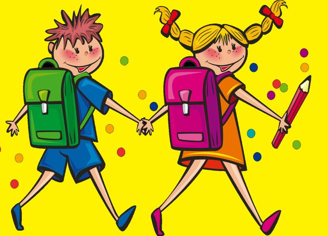 Illustration von zwei fröhlichen Kindern mit Rucksäcken, die Händchen halten und einen großen Buntstift tragen, vor einem gelben Hintergrund.
