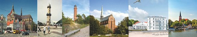 Collage mit sechs Motiven von Mecklenburgs Ostseeküste: historische Gebäude, Leuchttürme, Kirche, Seebad und Hansestadt mit Hafenansichten.