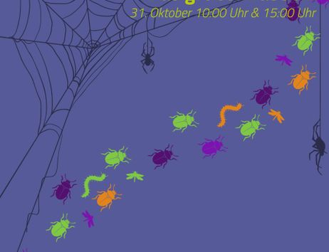 A work of art featuring colorful insects and a spider web on a purple background. The text announces an event called "The Great Crawling" on October 31 at 6 p.m.