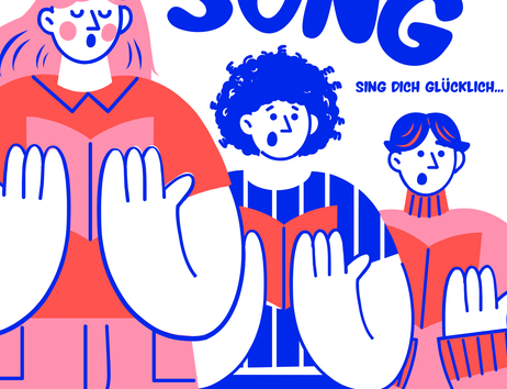 Illustration eines Chorkonzerts: Drei stilisierte Sängerinnen und Sänger halten Notenmappen und singen. Überschrift: „Sing Sang Song – Offener Chorabend“. Termin: Freitag, 4. September, 19 Uhr, in der FEG Lokstedt, Emil-Andresen-Straße 34. Der Eintritt ist frei, Spenden sind willkommen.