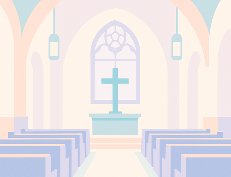 Illustration einer Kirche mit Bänken, Altar und Kreuz.