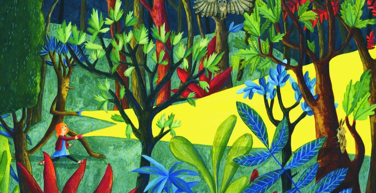 Illustration eines bunten Waldes mit einem Kind und einem Baum mit Gesicht.