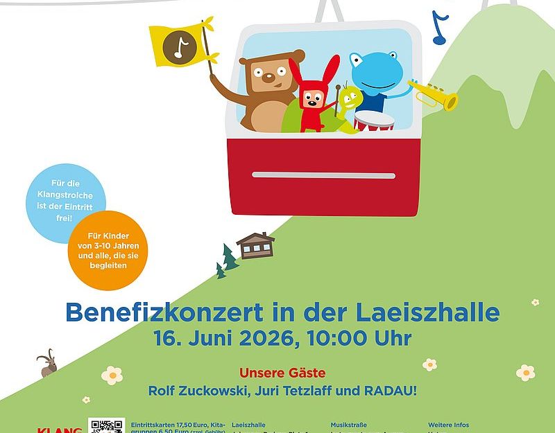 Plakat für das 13. Gipfeltreffen der Klangstrolche mit bunten Figuren in einer Seilbahn und Informationen zum Benefizkonzert in der Laeiszhalle.