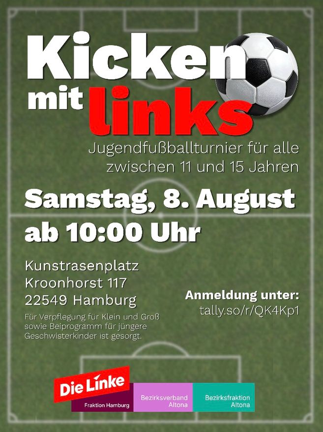 Einladungsgrafik für Kicken mit Links am 8.8. ab 10 h am Kunstrasenplatz Kroonhorst 117