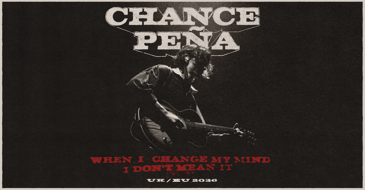 Schwarz-weißes Poster eines Musikers mit Gitarre und Tourdaten.