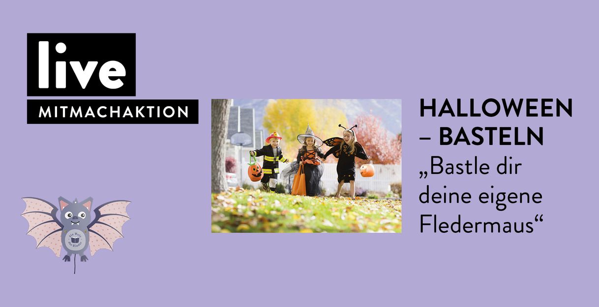 Zu sehen sind Kinder verkleidet als eine Hexe, Schmetterling, Feuerwehrmann und die Hugendubel Fledermaus.