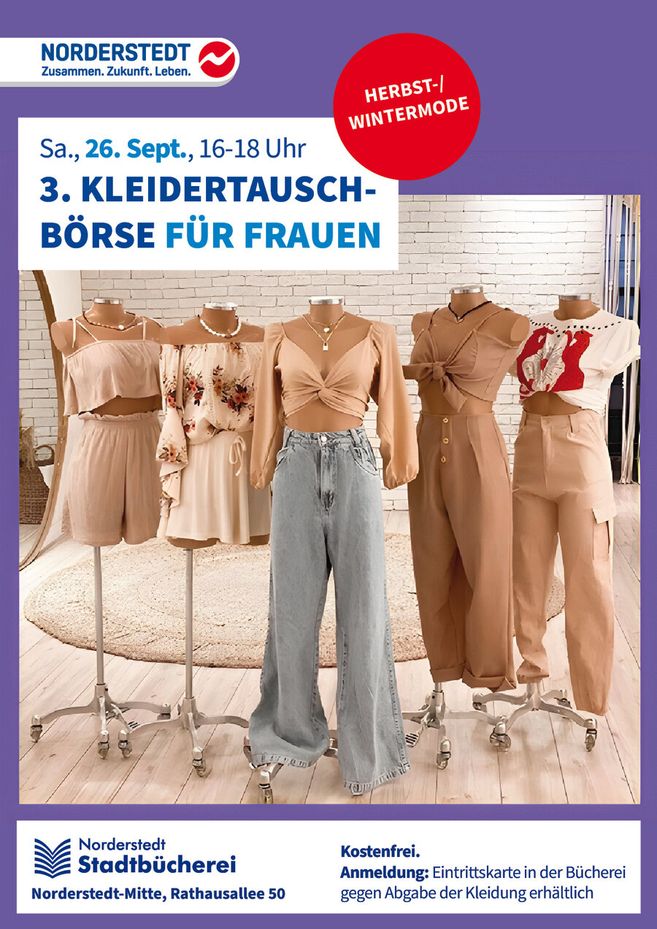 Plakat für eine Kleidertauschbörse in Norderstedt mit Herbst- und Wintermode auf Schaufensterpuppen.