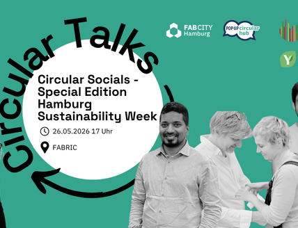 Grafik zur Veranstaltung Circular Talks – Circular Socials Special Edition Hamburg Sustainability Week am 26.05.2026 um 17 Uhr im FABRIC mit mehreren schwarz-weißen Porträts vor türkisfarbenem Hintergrund.