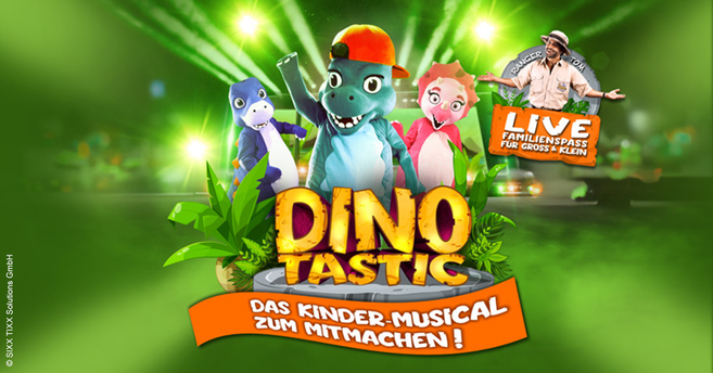 Werbung für das Kindermusical Dinotastic mit Dinosaurierfiguren und einem Ranger.