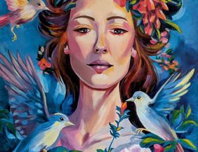 Frauenportrait mit Blumen und Vögeln
