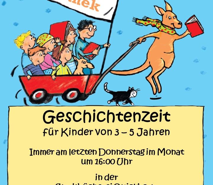 Plakat Geschichtenzeit: Kinder im Bollergwagen, der von einem Känguru gezogen wird