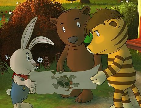 Drei animierte Tiere, ein Hase, ein Bär und ein Tiger, betrachten eine Schatzkarte in einem bunten Garten.
