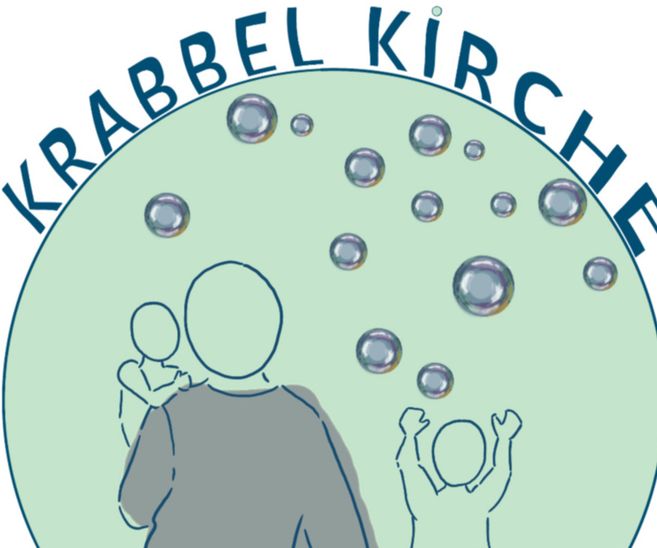 Illustration von Erwachsenen und Kindern mit Seifenblasen und dem Schriftzug 'Krabbelkirche'.