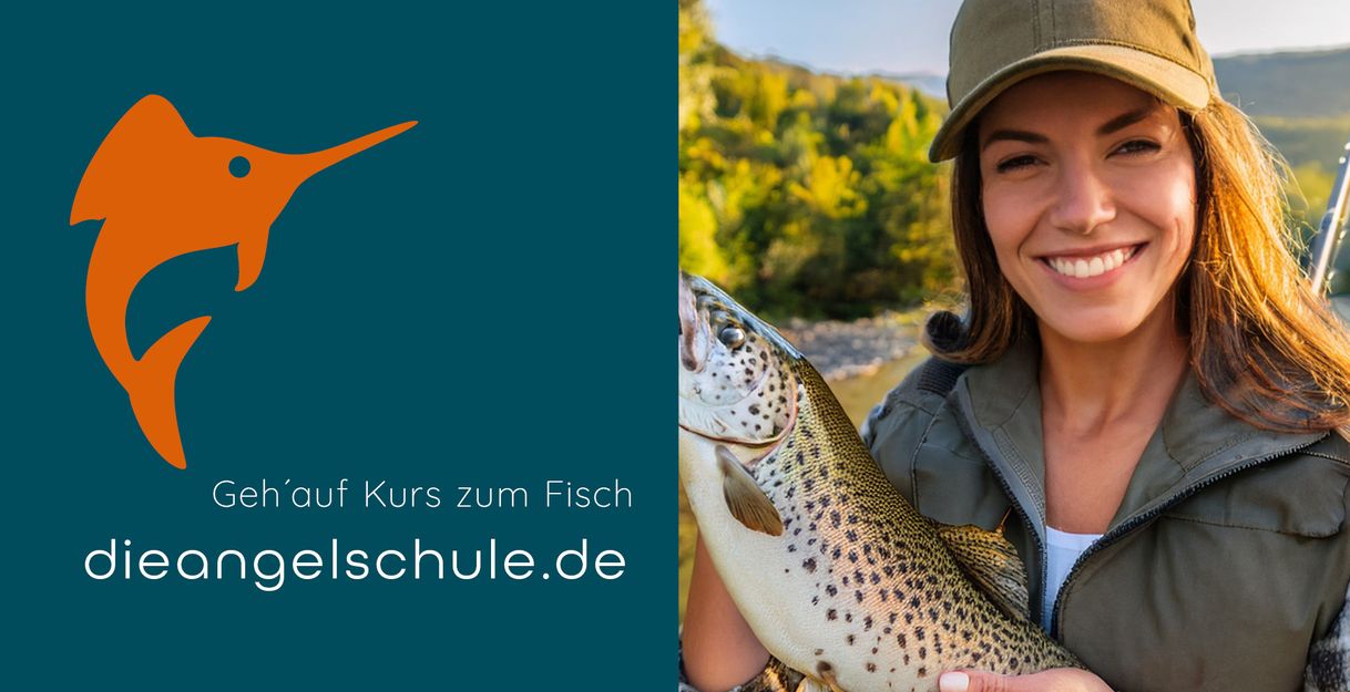 dieangelschule.de Logo und Frau mit gefangenem Fisch in den Händen, "Geh´auf Kurs zum Fisch"