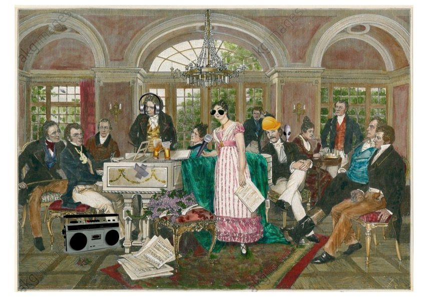 In ein Gemälde, das einen Musikabend aus dem 18./19. Jahrhundert darstellt, sind Accessoires aus der Neuzeit hinzugefügt, beispielsweise ein Radio, Kopfhörer sowie eine Sonnenbrille. 