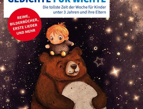 Illustration eines Kindes auf einem Bären, umgeben von Sternen, mit Text zu einer Veranstaltung für Kinder in Norderstedt.