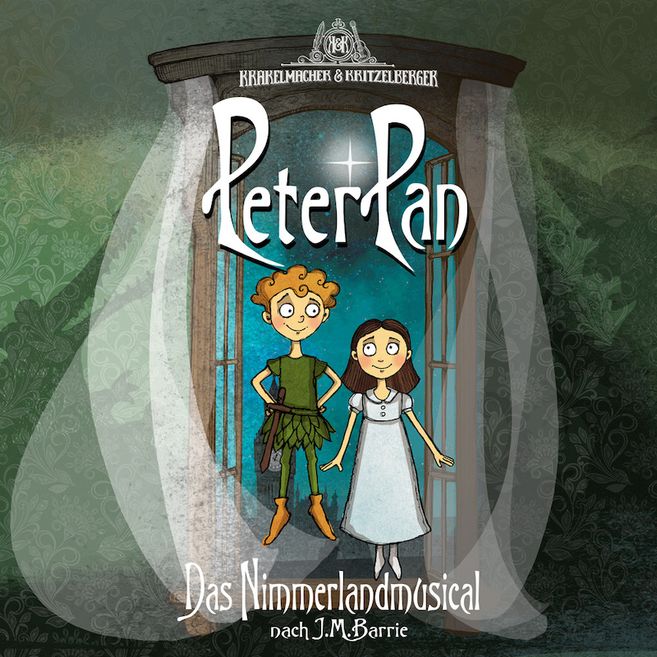 Illustration eines Fensters mit Blick auf den Big Ben, umgeben von einem Vorhang. Der Titel 'Peter Pan Das Nimmerlandmusical' ist darüber geschrieben.