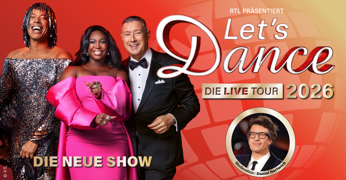 Werbung für die Let's Dance Live-Tour 2026 mit drei Personen in festlicher Kleidung und einem Moderator im Kreis.