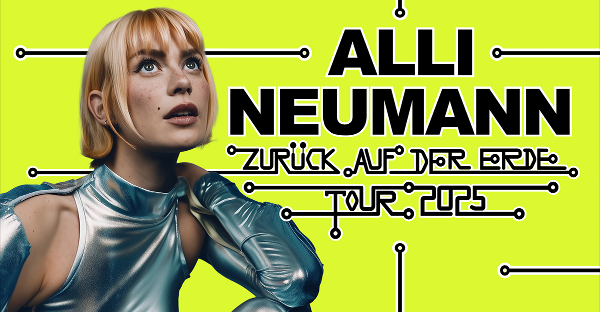 Plakat für Alli Neumanns Tour 2025 mit futuristischem Design und leuchtendem Hintergrund.