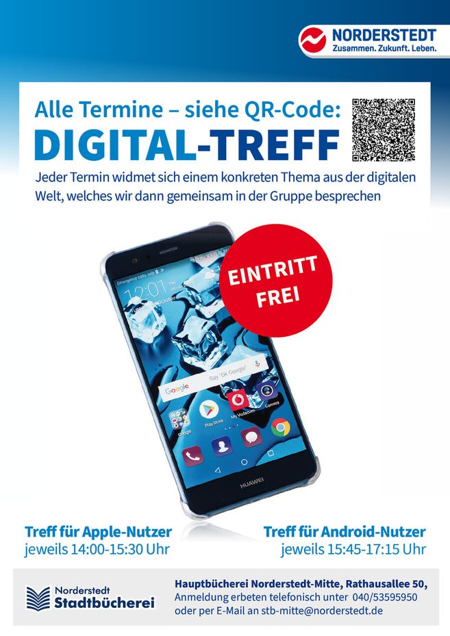 Plakat für den Digital-Treff in der Stadtbücherei Norderstedt mit einem Smartphone und QR-Code.