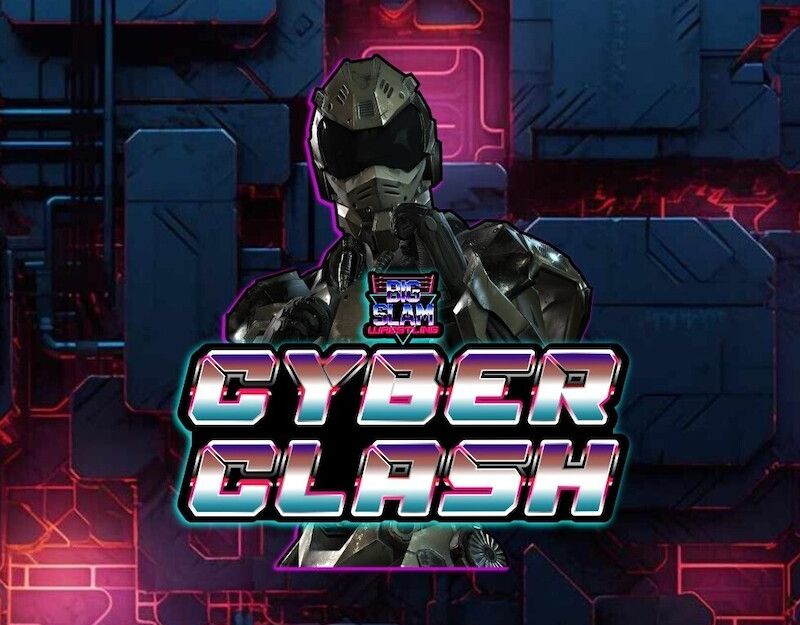 Ein futuristischer Roboter vor einem neonbeleuchteten Hintergrund mit dem Schriftzug 'Cyber Clash'.
