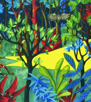 Illustration eines bunten Waldes mit einem Kind und einem Baum mit Gesicht.
