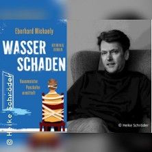 Buchcover von 'Wasserschaden' neben einem Porträt von Eberhard Michaely.