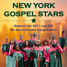 Gruppe von Gospel-Sängern in bunten Roben vor einem orangefarbenen Hintergrund mit dem Text 'New York Gospel Stars'.