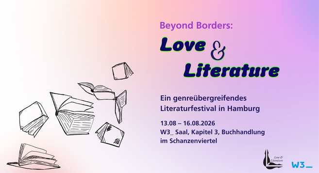 Grafik zur Veranstaltung "Love and Literature" mit einer Buchzeichnung auf der linken Seite sowie den Veranstaltungsdaten auf der rechten Seite
