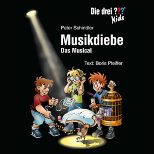 Cover des Musicals 'Musikdiebe' mit den drei ??? Kids und einem Vogel im Rampenlicht.