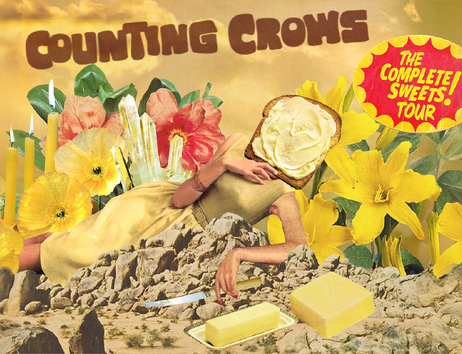 Surreales Poster mit Blumen, Butter und einer Person mit Toastbrot als Kopf.