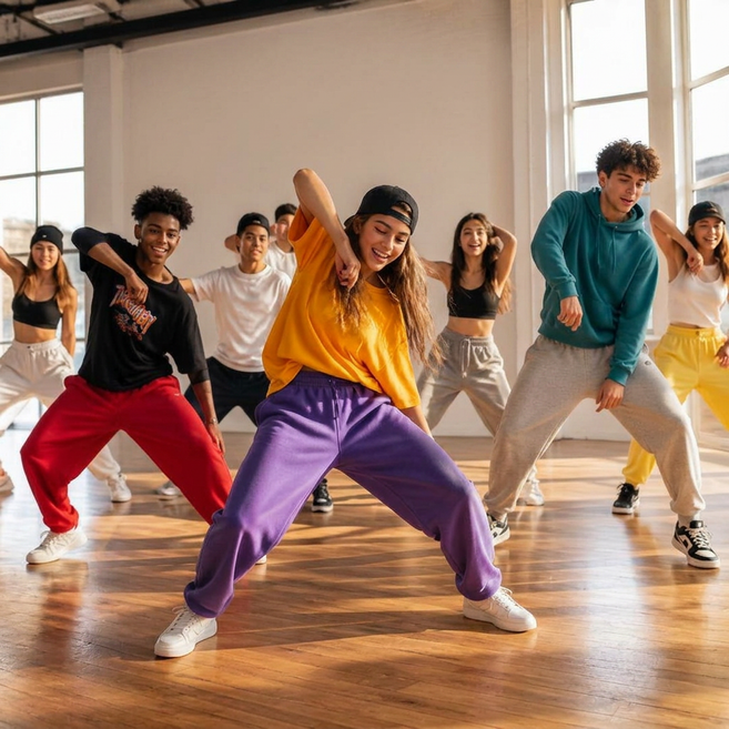 7 Jugendliche in bunter Sportkleidung bei Hiphop Moves